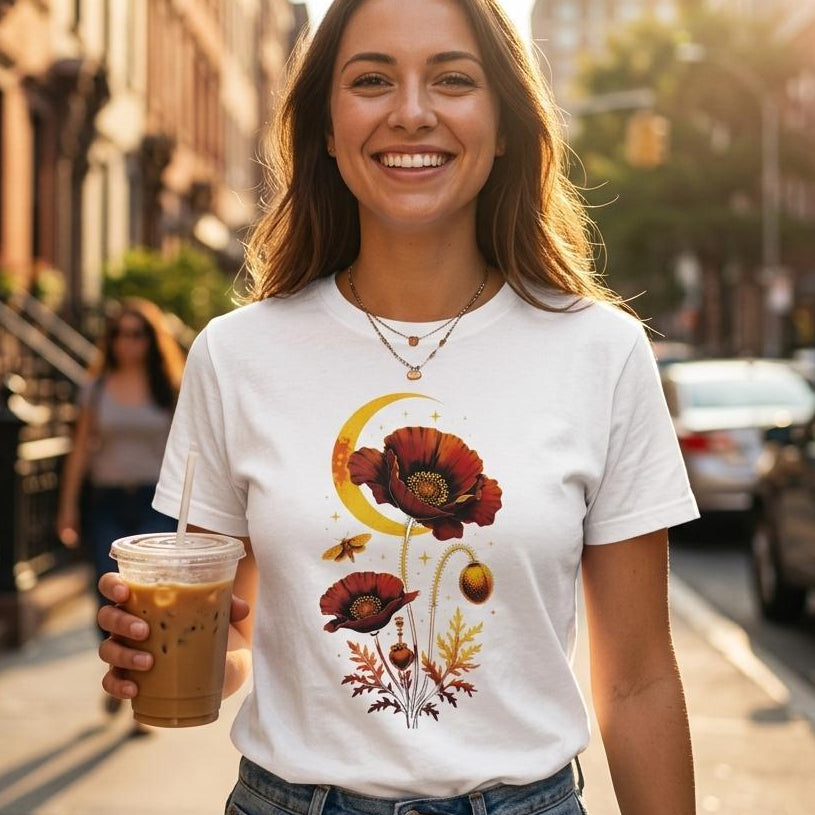 A smiling woman stands on a city street wearing a white graphic T-shirt with a red poppy and crescent moon design, holding an iced coffee.