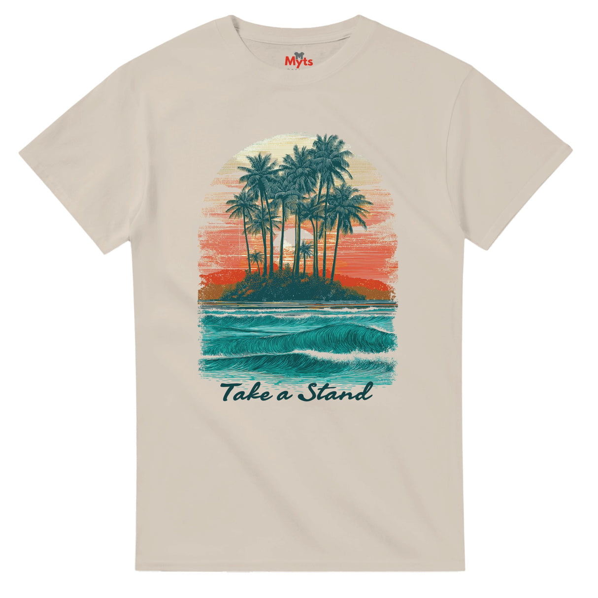 Sand t-shirt with a tropical island graphic and 'Take a Stand' text on a white background