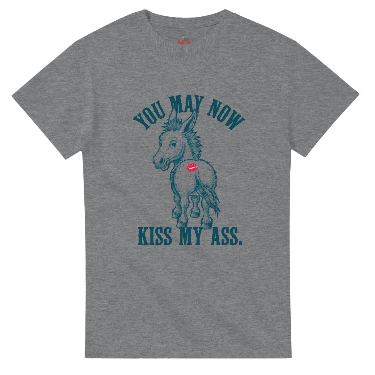 Gray t-shirt with a graphic of a donkey and text on a white background