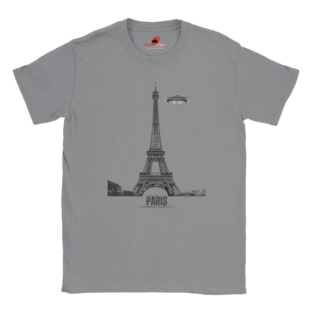 Front view of a sports grey soft casual tee featuring a whimsical graphic of the Eiffel Tower with a retro‑style spaceship orbiting it, printed on ultra‑soft Gildan 64000 cotton.