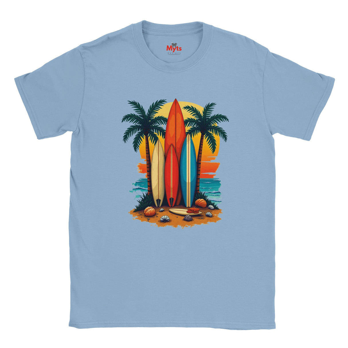 Light blue t-shirt with a graphic of surfboards and palm trees on a white background