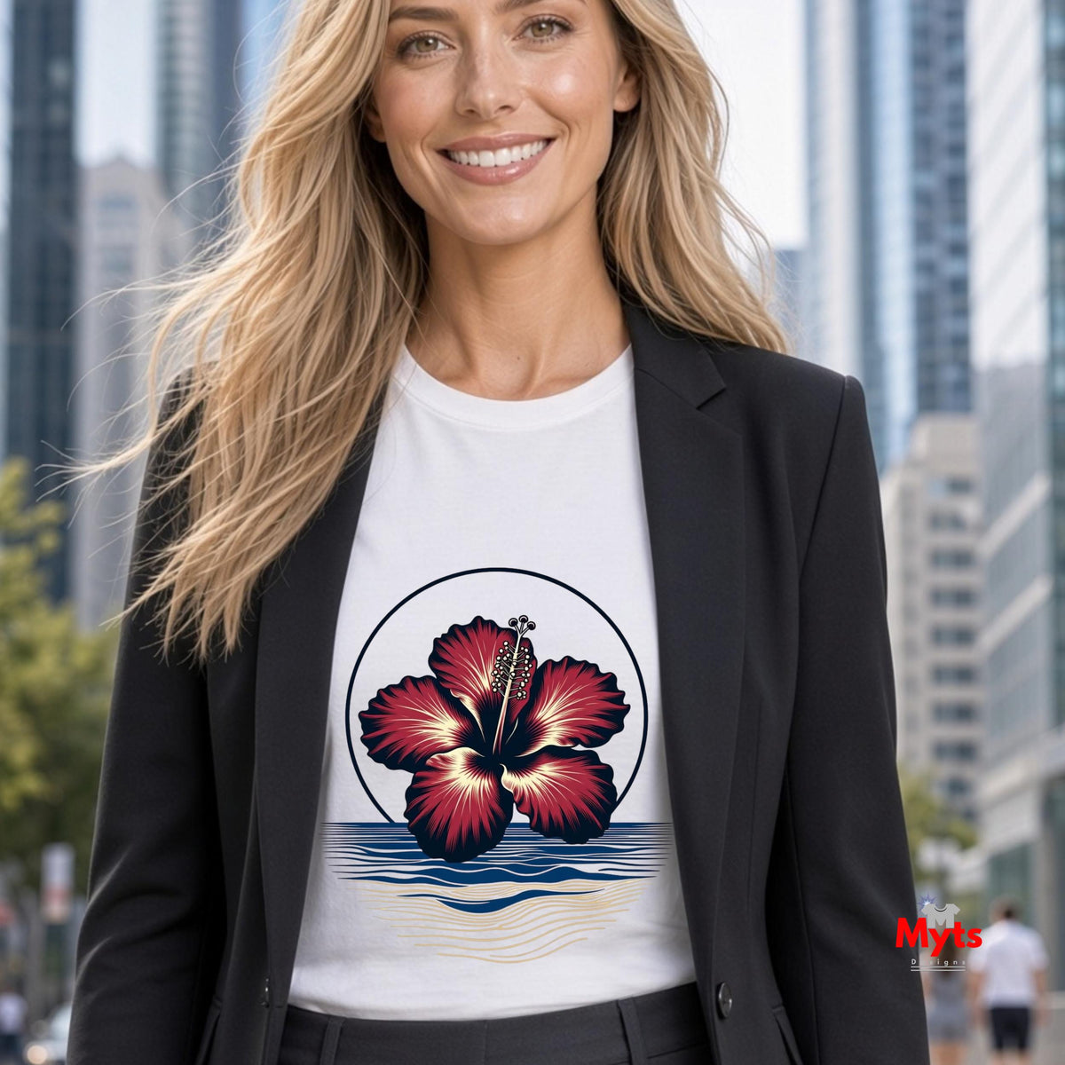 White tropical hibiscus flower graphic T-shirt featuring a vibrant red bloom, navy circular outline and stylised blue and sandy-gold ocean waves.