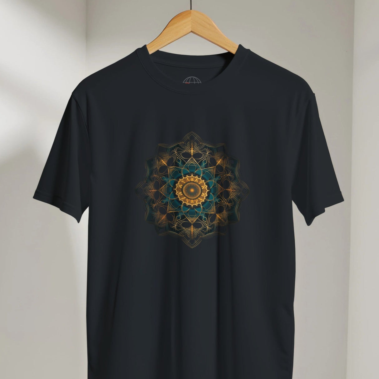 Black t-shirt with a colorful mandala design on a hanger against a neutral background