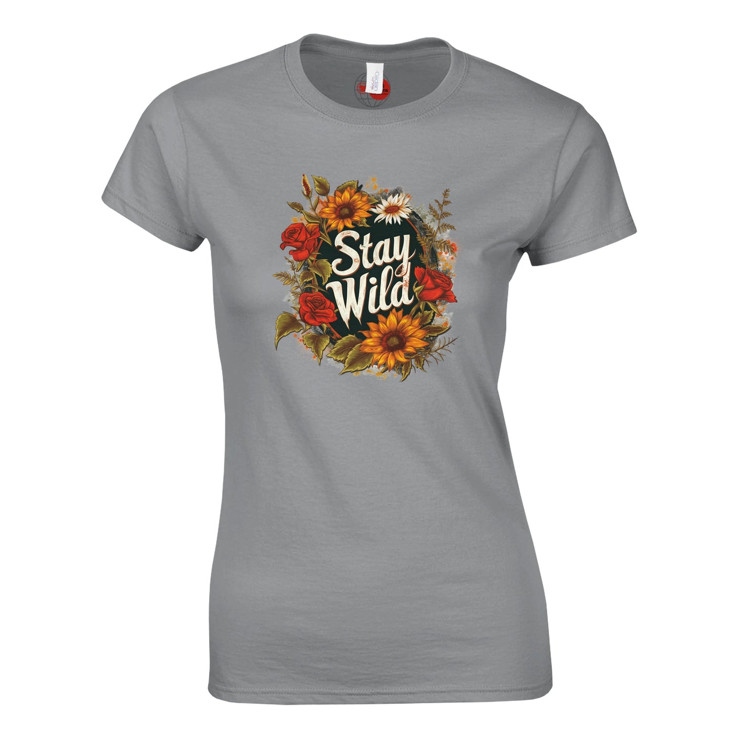 Gray t-shirt with 'Stay Wild' floral design on a white background