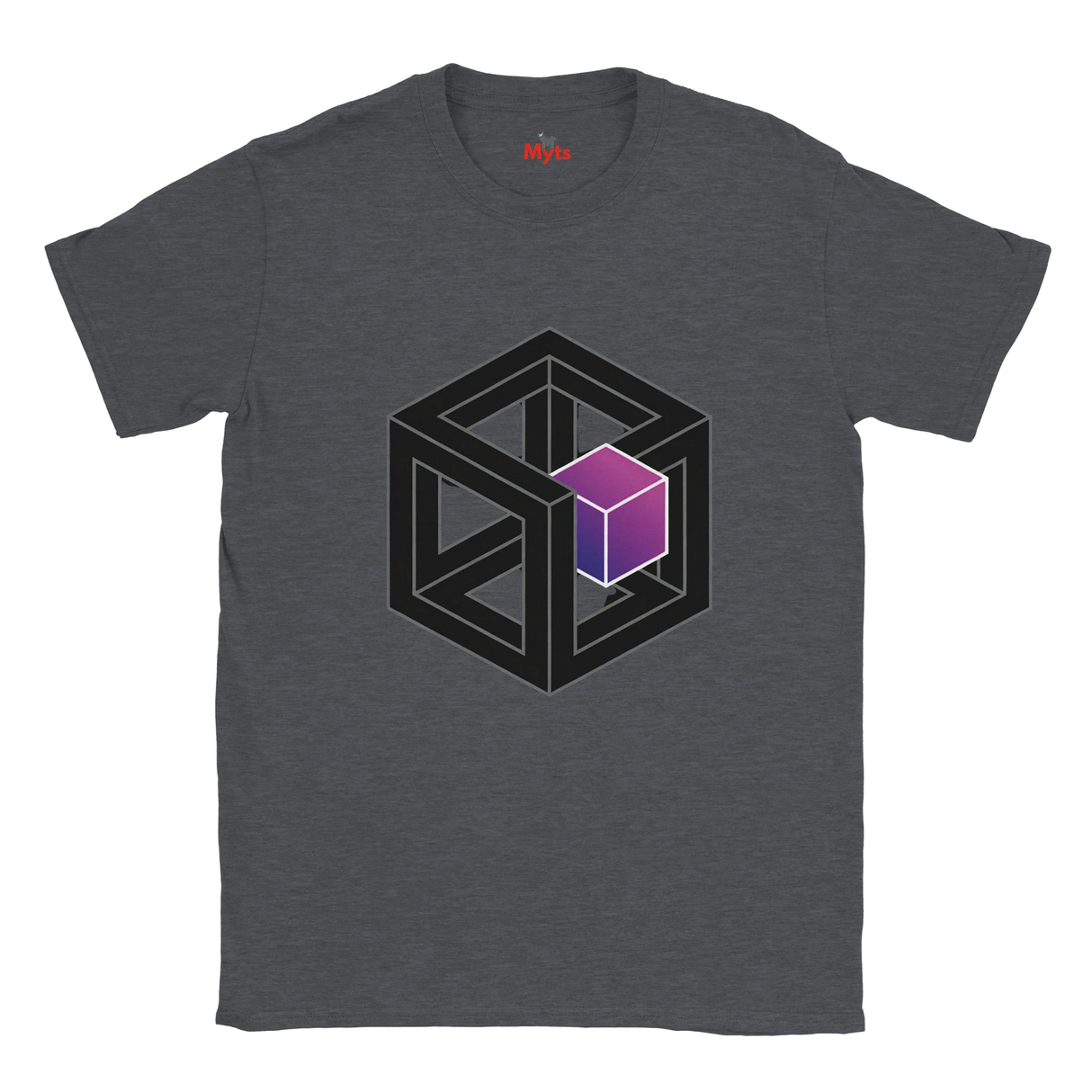 Gray t-shirt with a geometric design featuring a purple cube on a white background