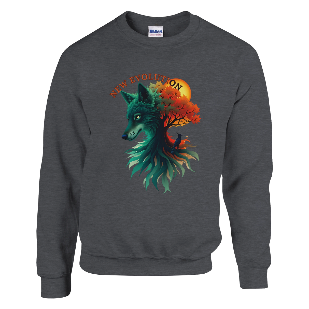 A dark gray crewneck sweatshirt featuring a colorful graphic of a wolf's head merging with a tree and autumn leaves, with the text 'NEW EVOLUTION' arched above. A Gildan brand tag is visible inside the collar.