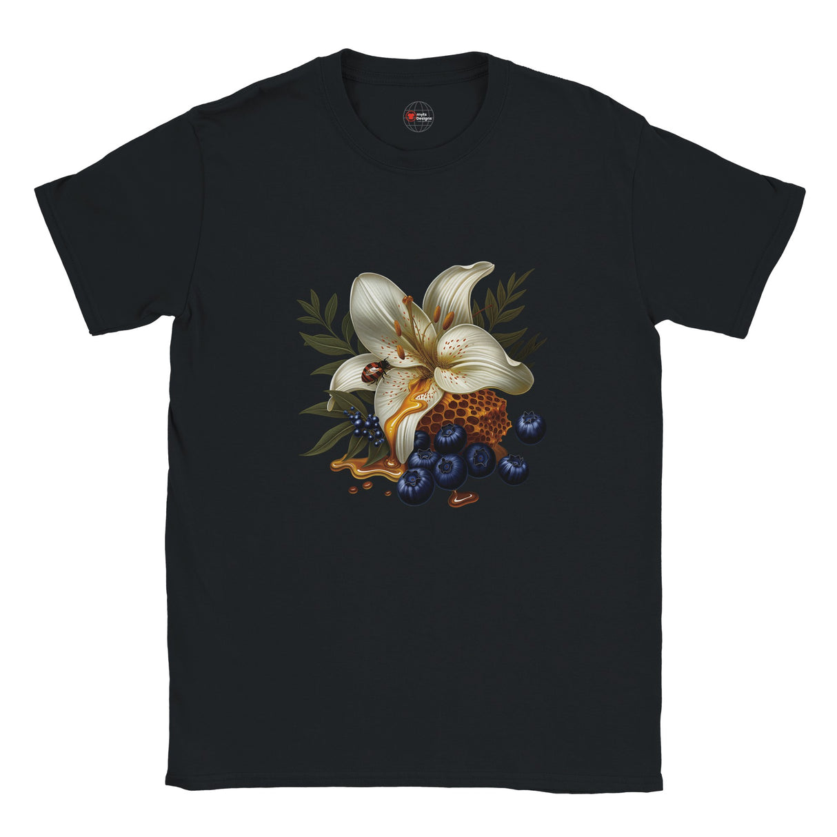 Black t-shirt with a floral design featuring white flowers and blueberries on a white background