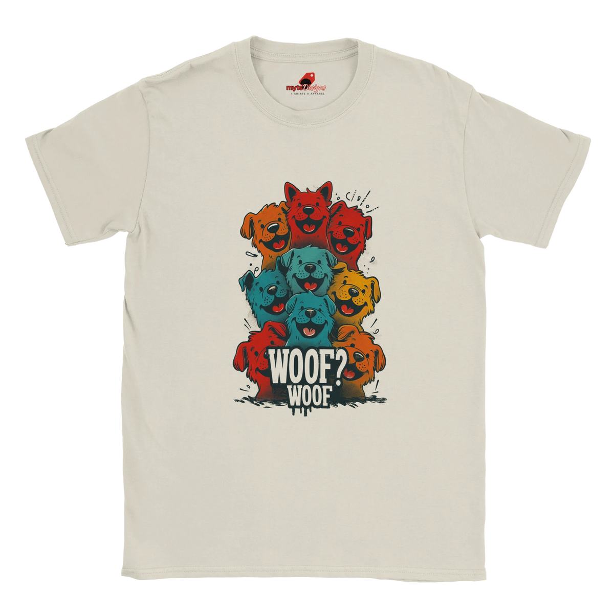 A flat lay Sand T-shirt featuring a vibrant graphic of cartoon puppies stacked in red, orange, blue, and yellow hues, with the playful text “WOOF? WOOF” below the design.