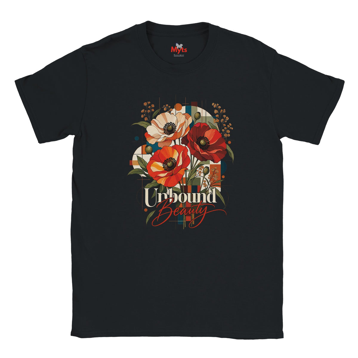 A black Unbound Beauty graphic T-shirt with red, orange and cream poppy flowers, geometric accents and retro typography.