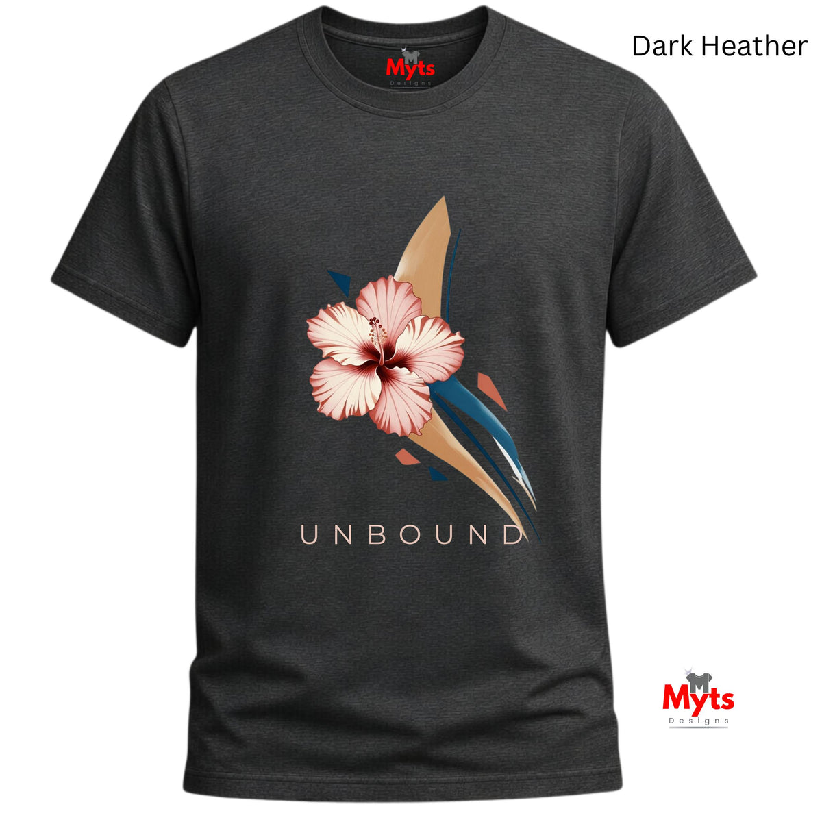 Dark Heather -coloured UNBOUND floral graphic T-shirt featuring a soft pink hibiscus and contemporary botanical artwork.