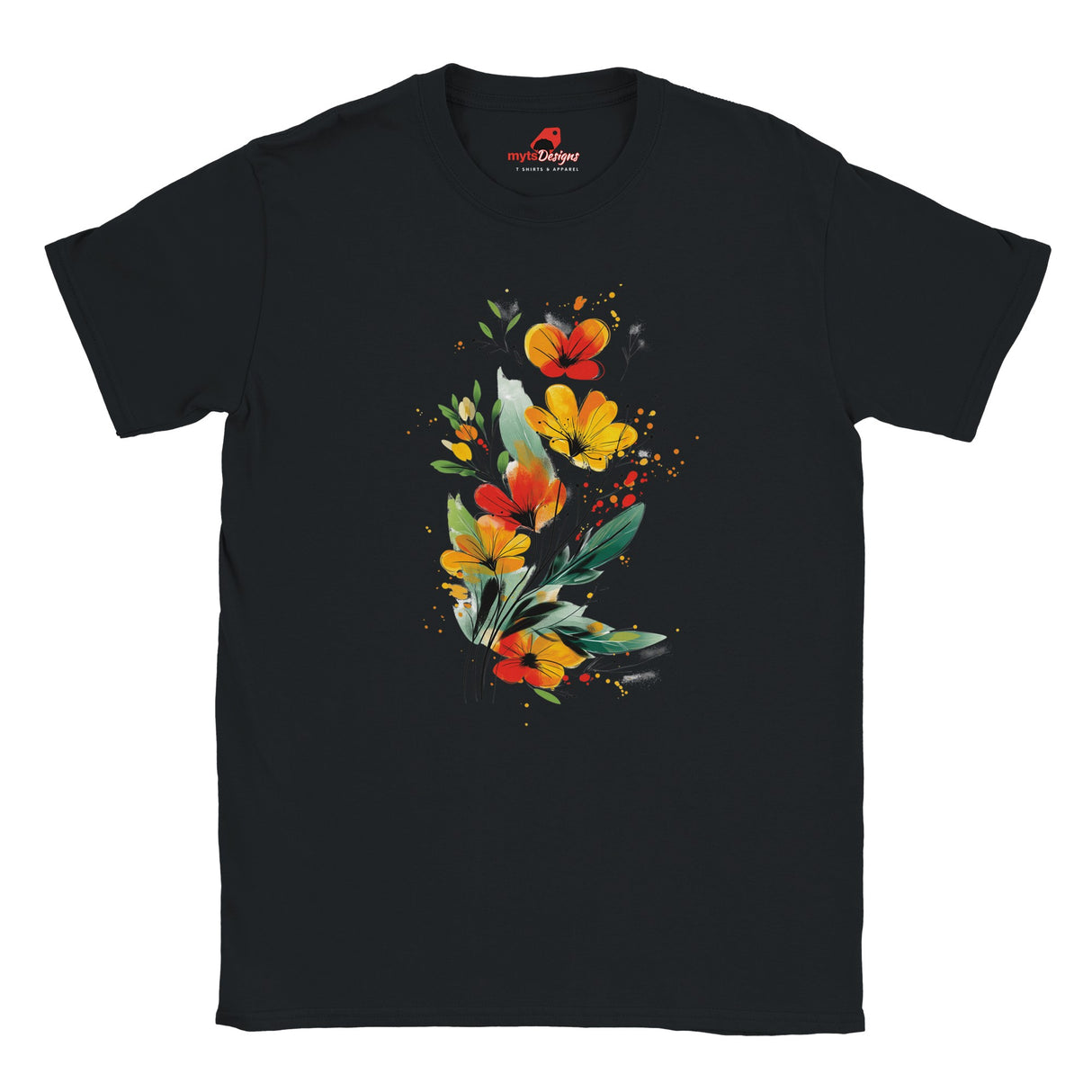 Black T-shirt featuring a vibrant wildflower bouquet design in artistic watercolor style with red, yellow, and green tones, exclusive to MytsDesigns.com”