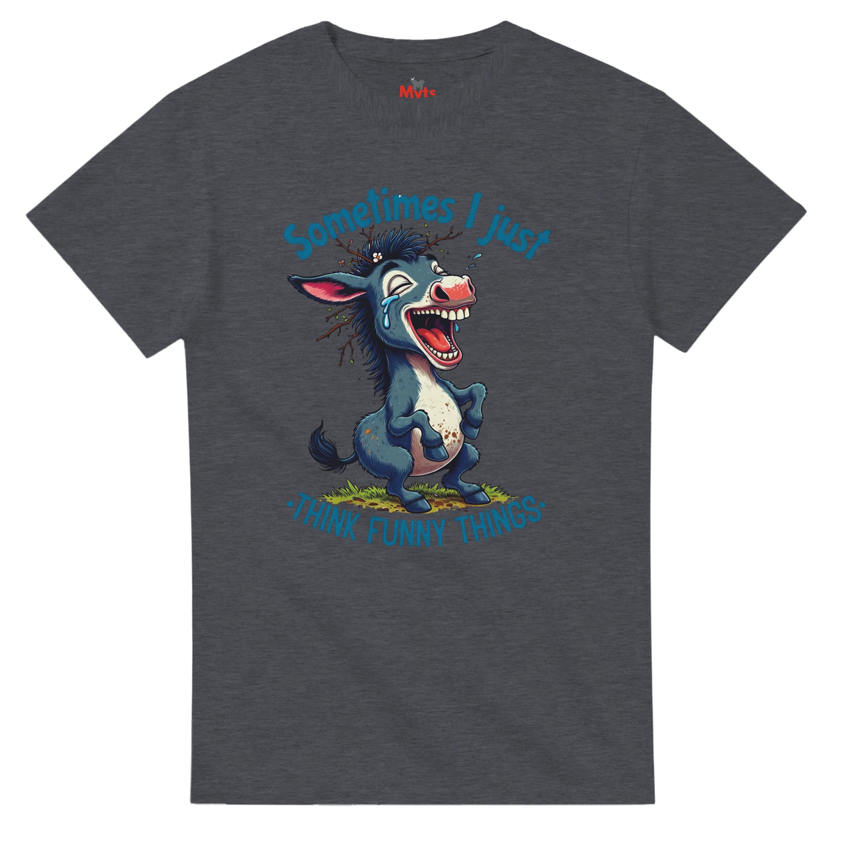 Gray t-shirt with a cartoon donkey and humorous text on a white background