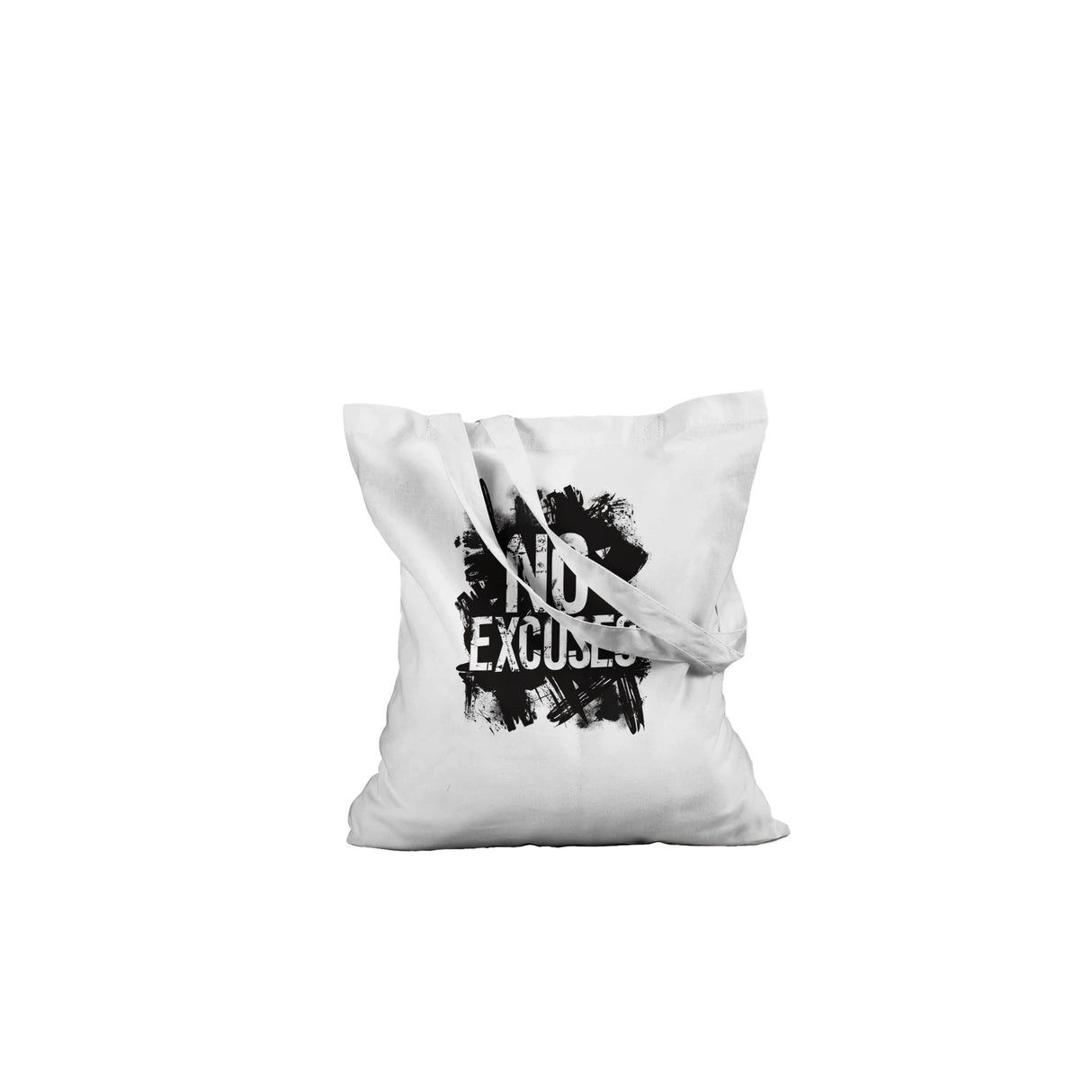 White tote bag with 'No Excuses' text on a white background