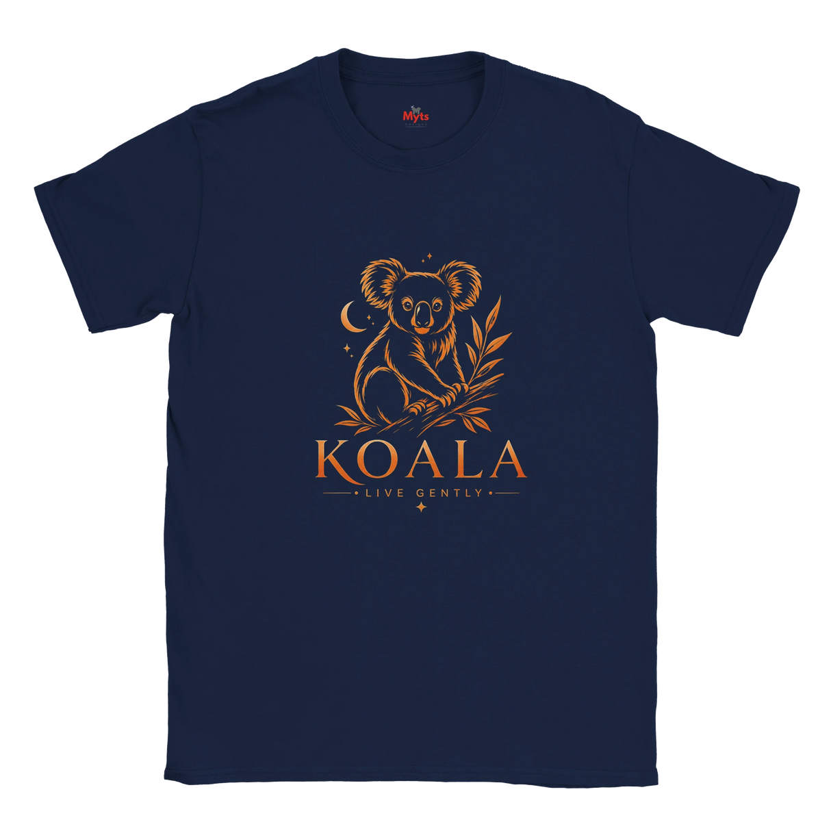 A navy blue short-sleeve crewneck t-shirt featuring a gold graphic of a koala sitting on a eucalyptus branch above the text 'KOALA LIVE GENTLY'.