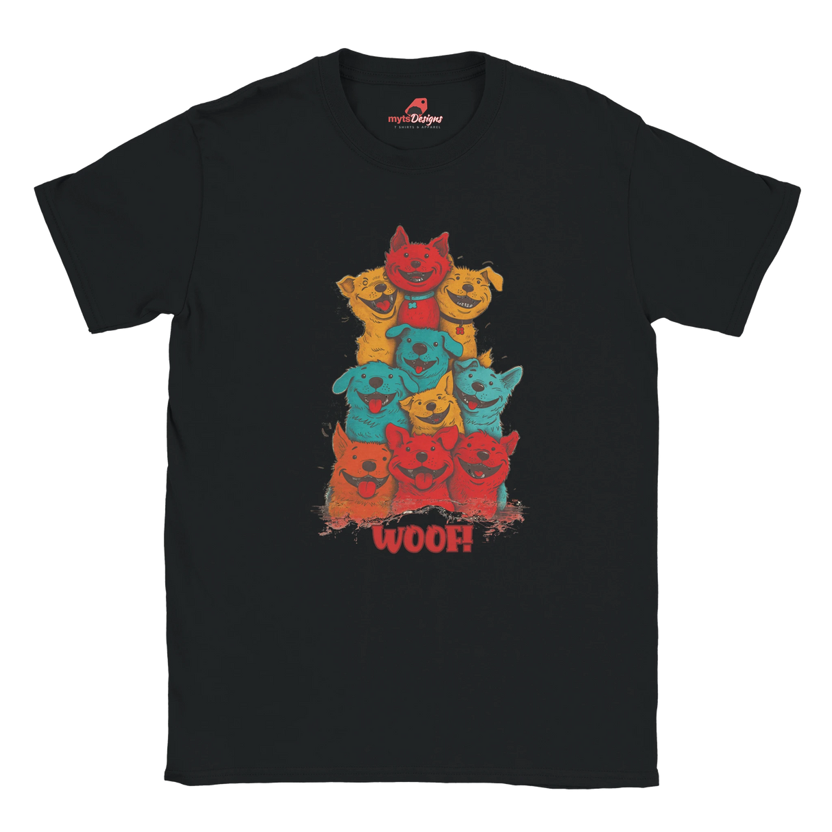 A flat lay black T-shirt featuring a vibrant graphic of cartoon puppies stacked in red, orange, blue, and yellow hues, with the playful text “WOOF!” below the design.