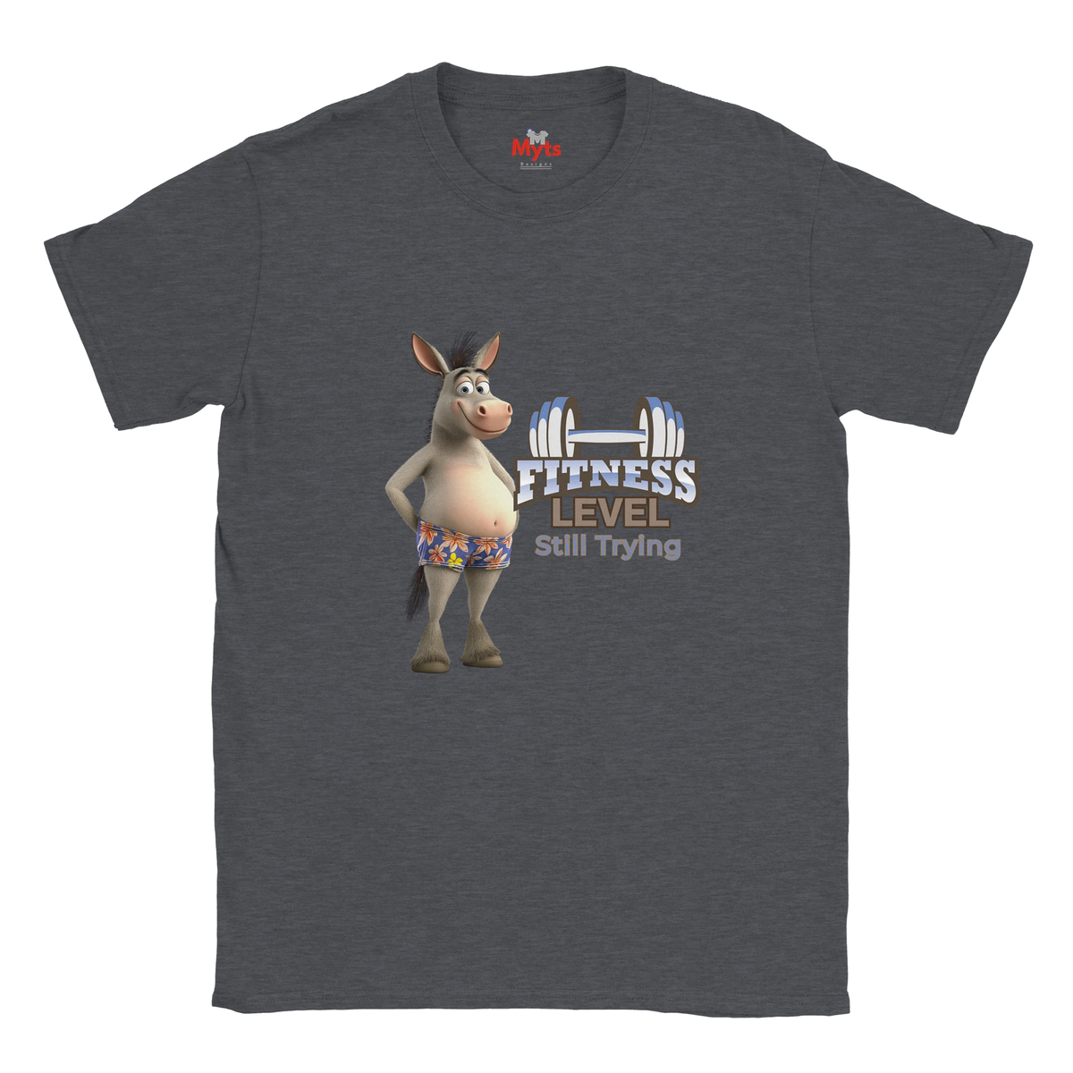 Dark Heather unisex fitness humour T-shirt featuring a smiling donkey and Fitness Level Still Trying workout design.