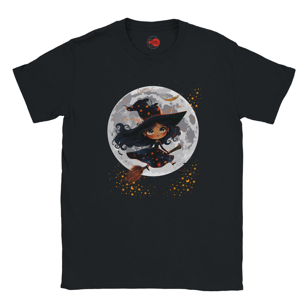 Black t-shirt with a witch design on a full moon background