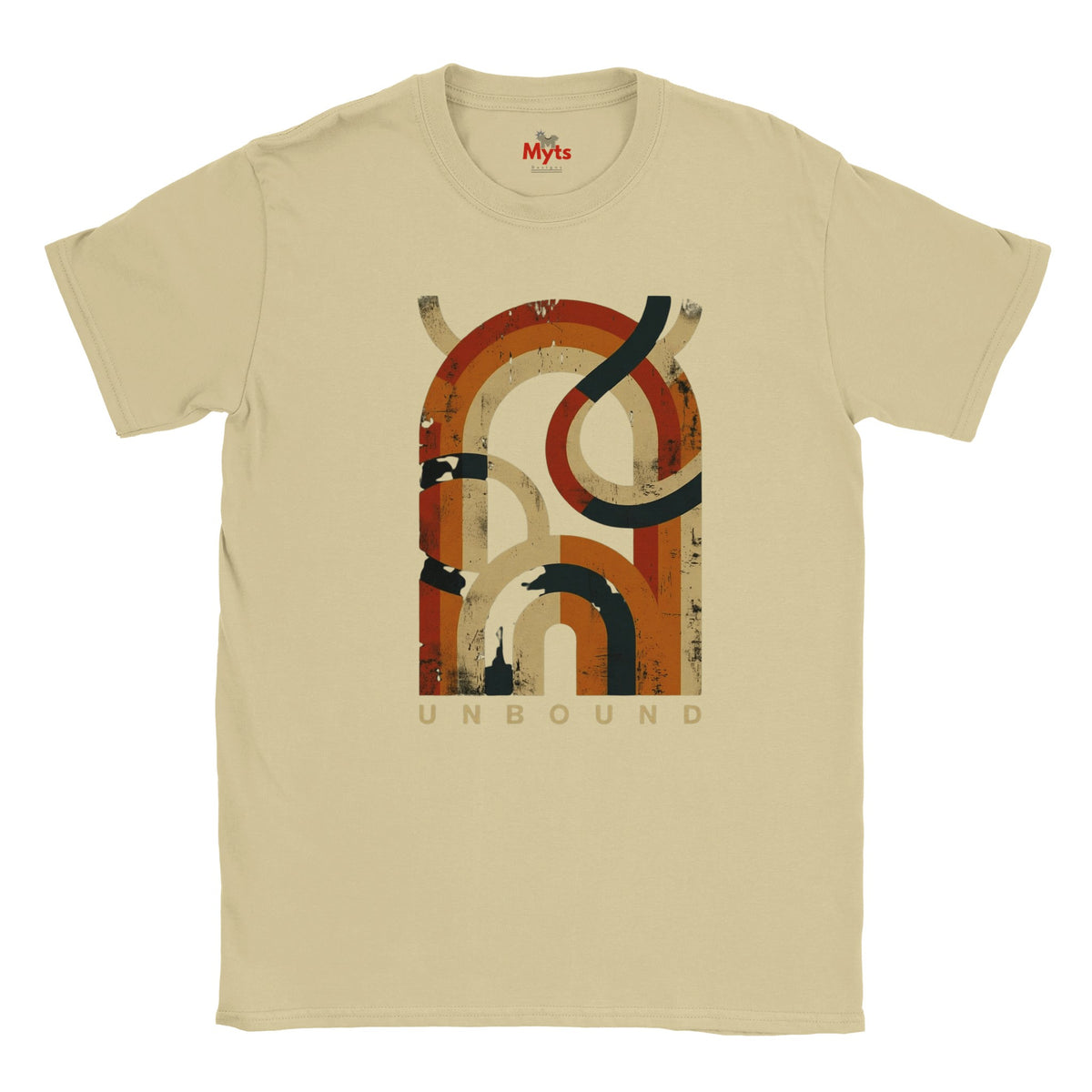 A Natrural crewneck T-shirt featuring a large, distressed graphic of the word 'UNBOUND' in orange, brown, and black abstract lettering, with the brand name 'Myts' printed inside the collar.