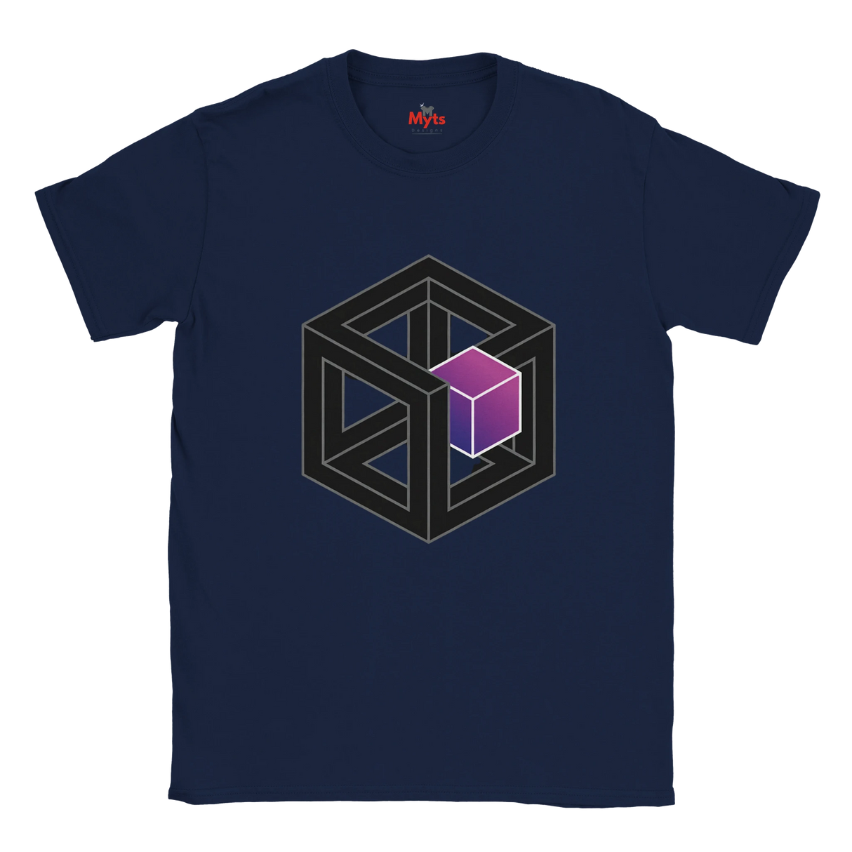 Navy blue t-shirt with geometric cube design on a white background