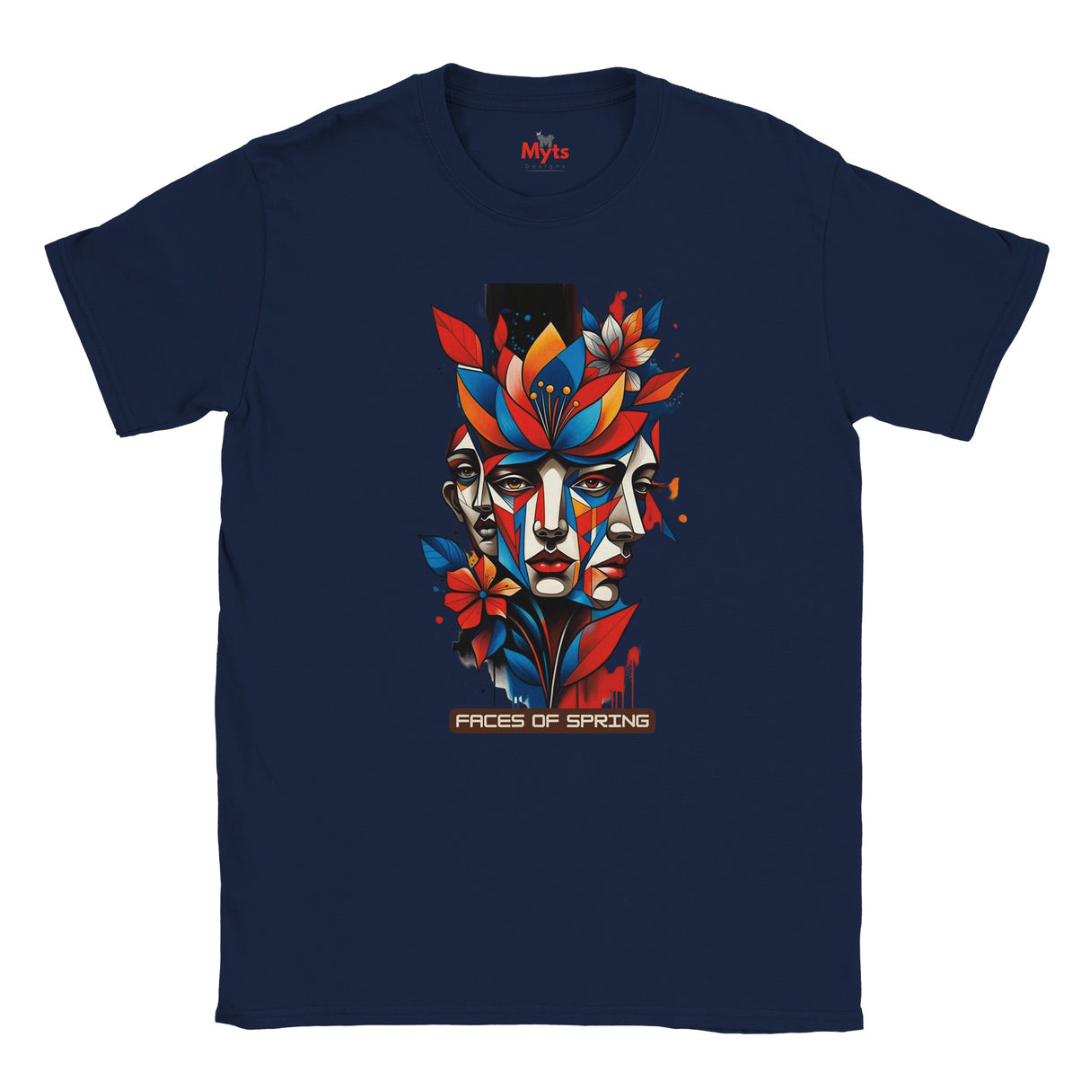Navy Faces of Spring T-shirt featuring colourful abstract geometric faces surrounded by red, blue and yellow flowers, leaves and expressive paint details.