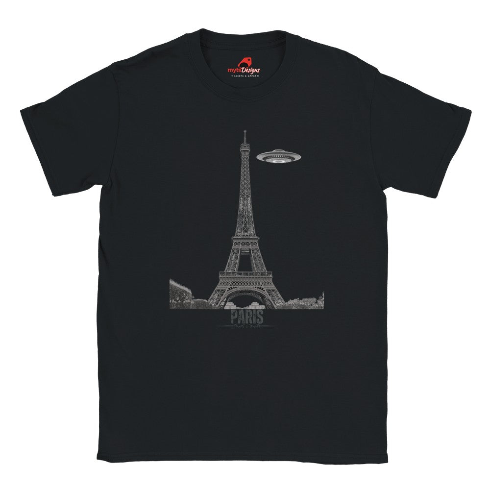 Front view of a black soft casual tee featuring a whimsical graphic of the Eiffel Tower with a retro‑style spaceship orbiting it, printed on ultra‑soft Gildan 64000 cotton.