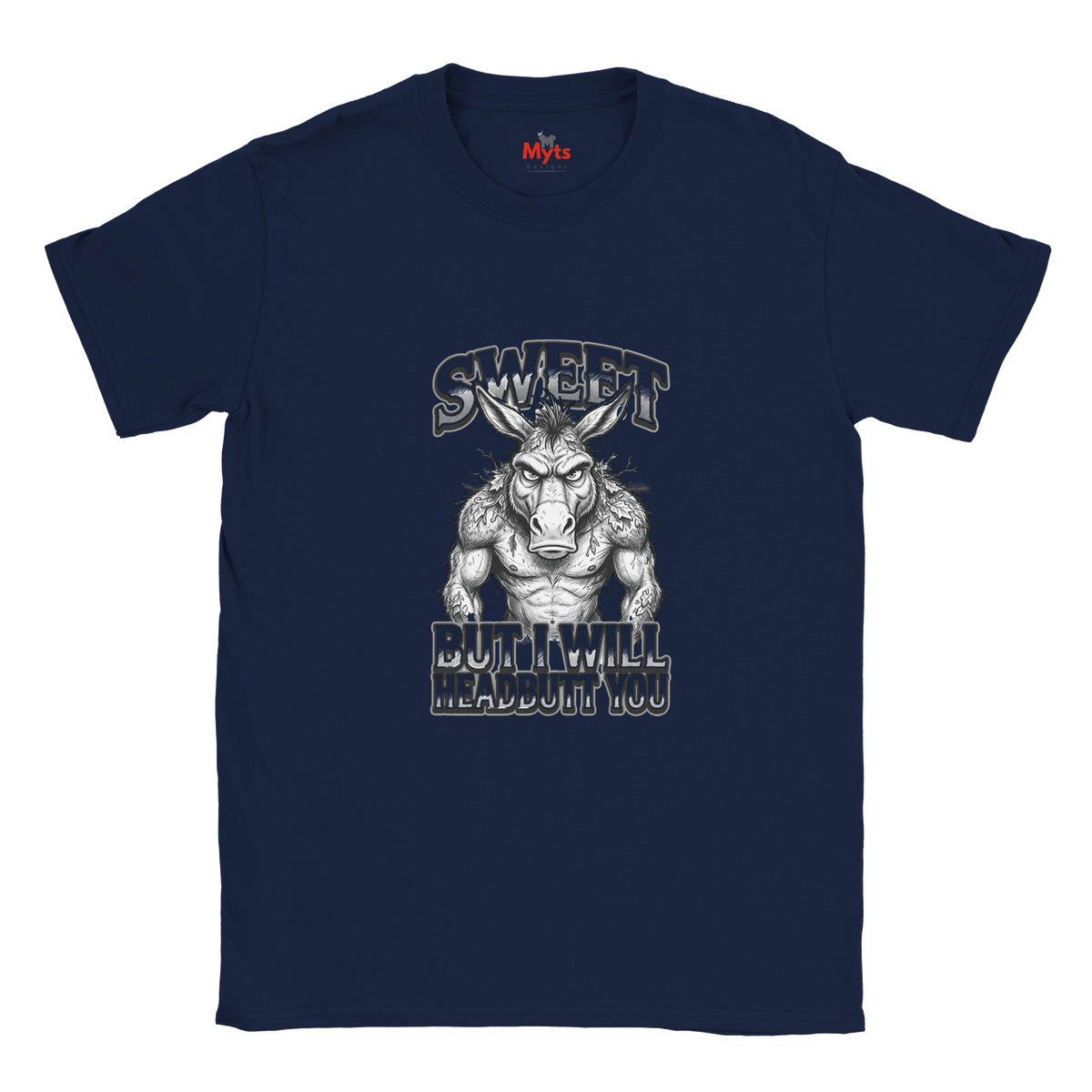 Navy unisex t-shirt featuring a muscular donkey graphic with “Sweet But I Will Headbutt You” slogan by MytsDesigns.