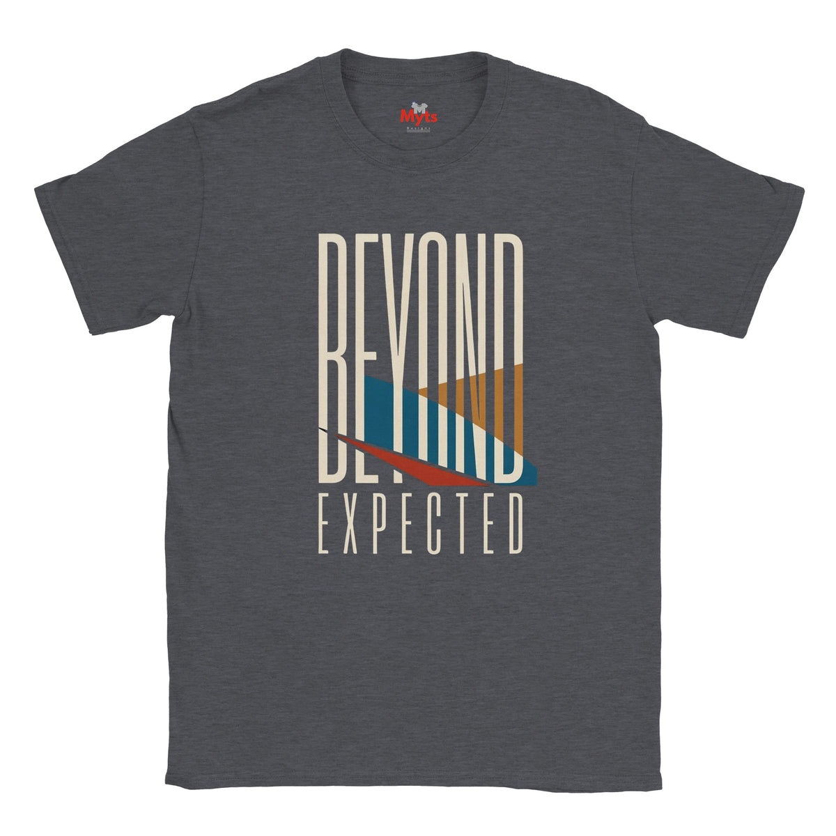 A dark heather gray t-shirt with a graphic print on the front that reads 'BEYOND EXPECTED' in cream lettering, featuring a stylized sunset design with blue, orange, and red geometric shapes.