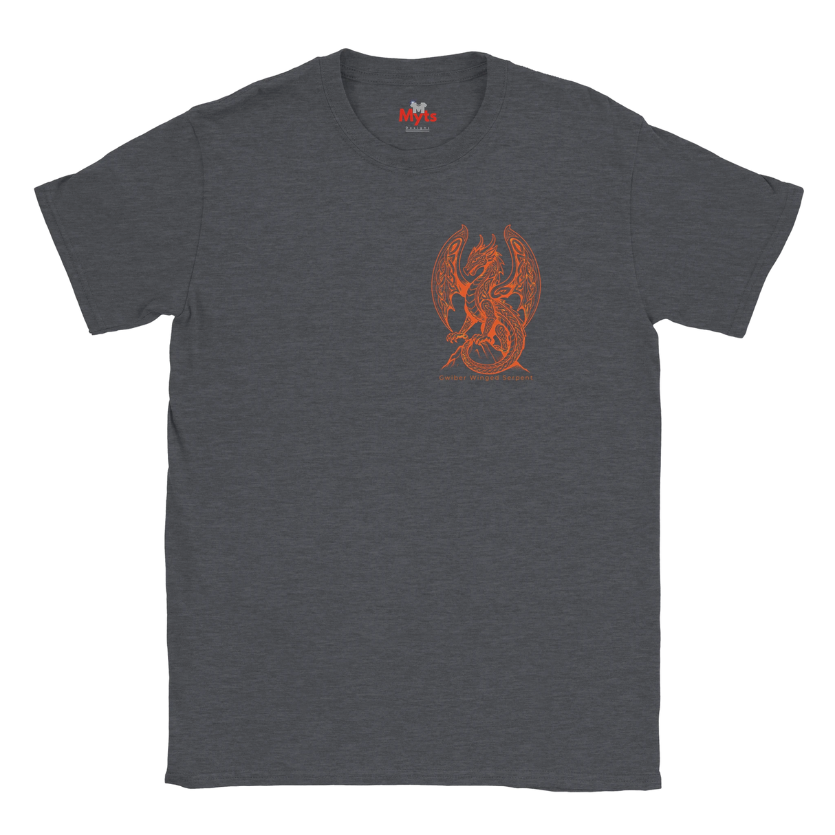 A dark heather gray crewneck t-shirt featuring a small orange graphic of a winged dragon or griffin on the center chest, displayed against a solid white background.