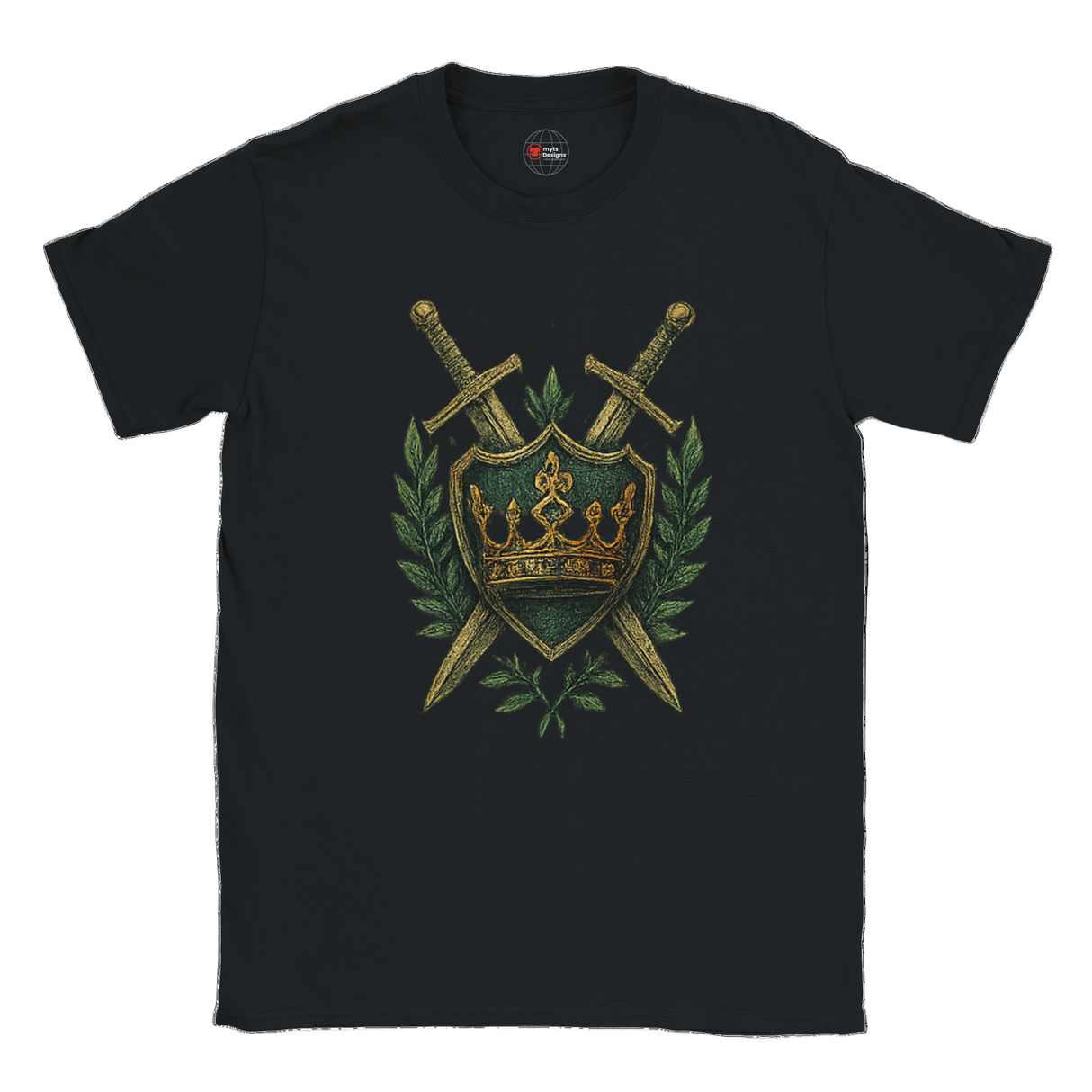 Black t-shirt with a gold and green emblem featuring crossed swords and a crown on a white background.