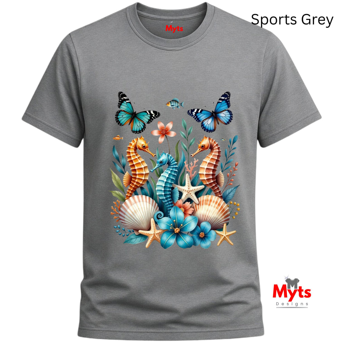 A sports grey graphic T-shirt featuring three colourful seahorses, blue butterflies, tropical flowers, starfish and seashells in a vibrant ocean wildlife design.