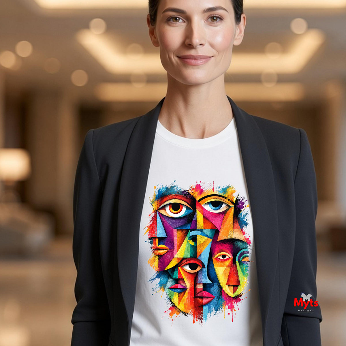A woman wearing a white crewneck t-shirt with a colorful geometric face graphic, styled with a dark blazer in a blurred indoor setting.
