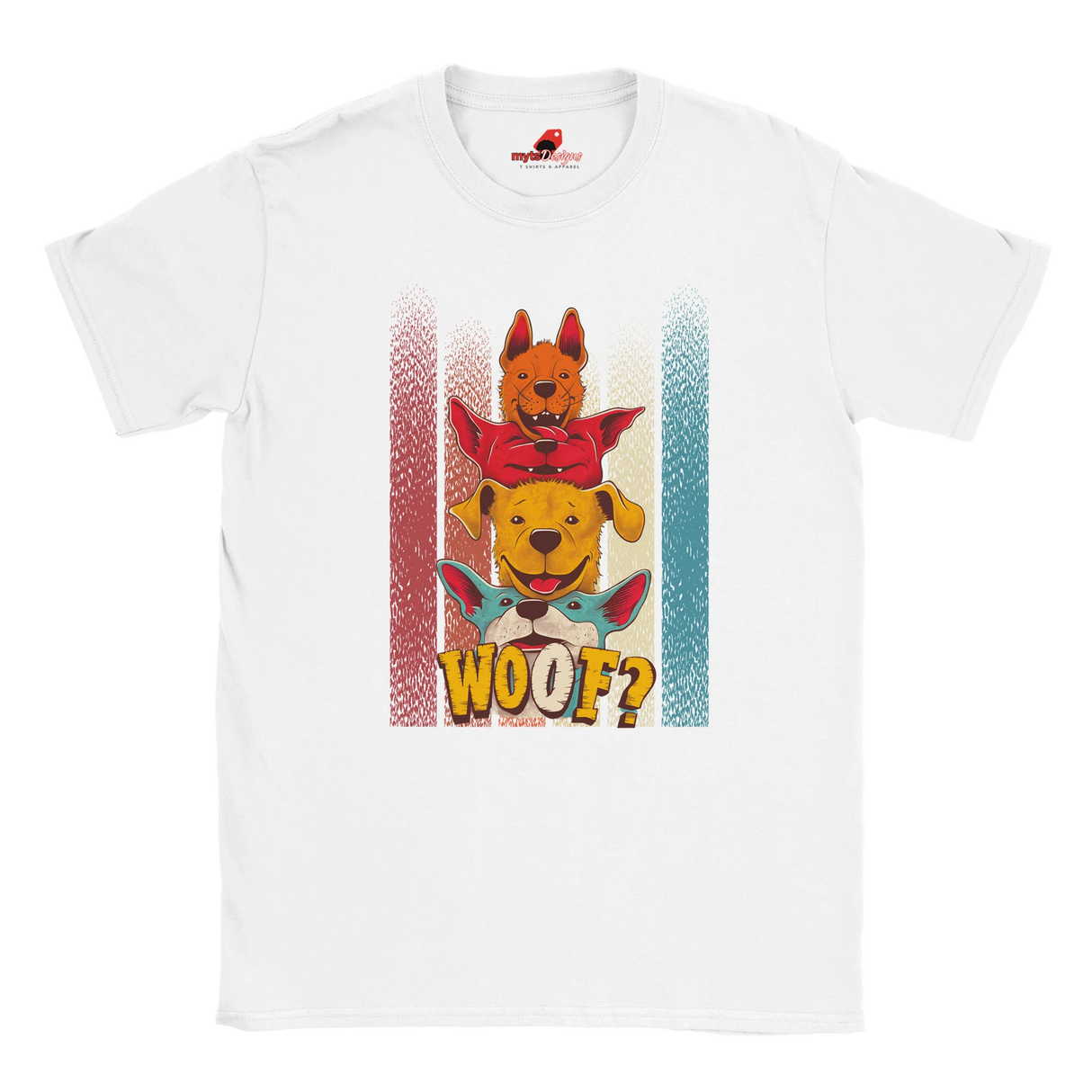 A flat lay white T-shirt featuring a playful graphic of four stacked colorful dogs in yellow, red, and blue tones with the word “Woof?” in bold, cartoonish text below.
