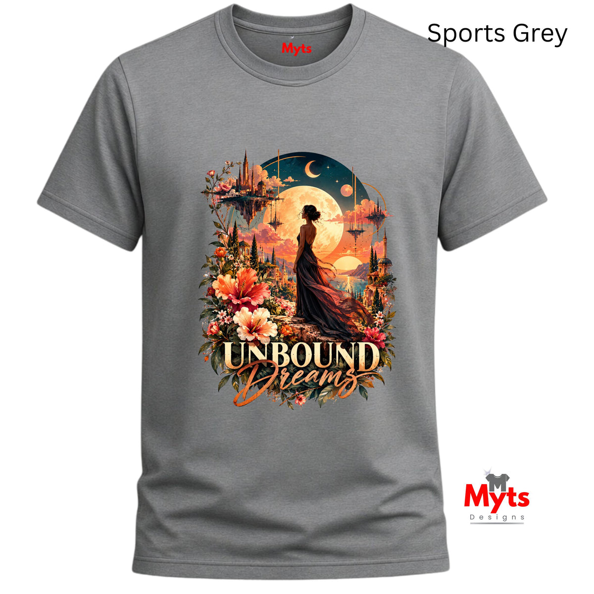 Sports Grey T-shirt with Unbound Dreams artwork featuring floating castles, orange flowers, and a glowing moon.