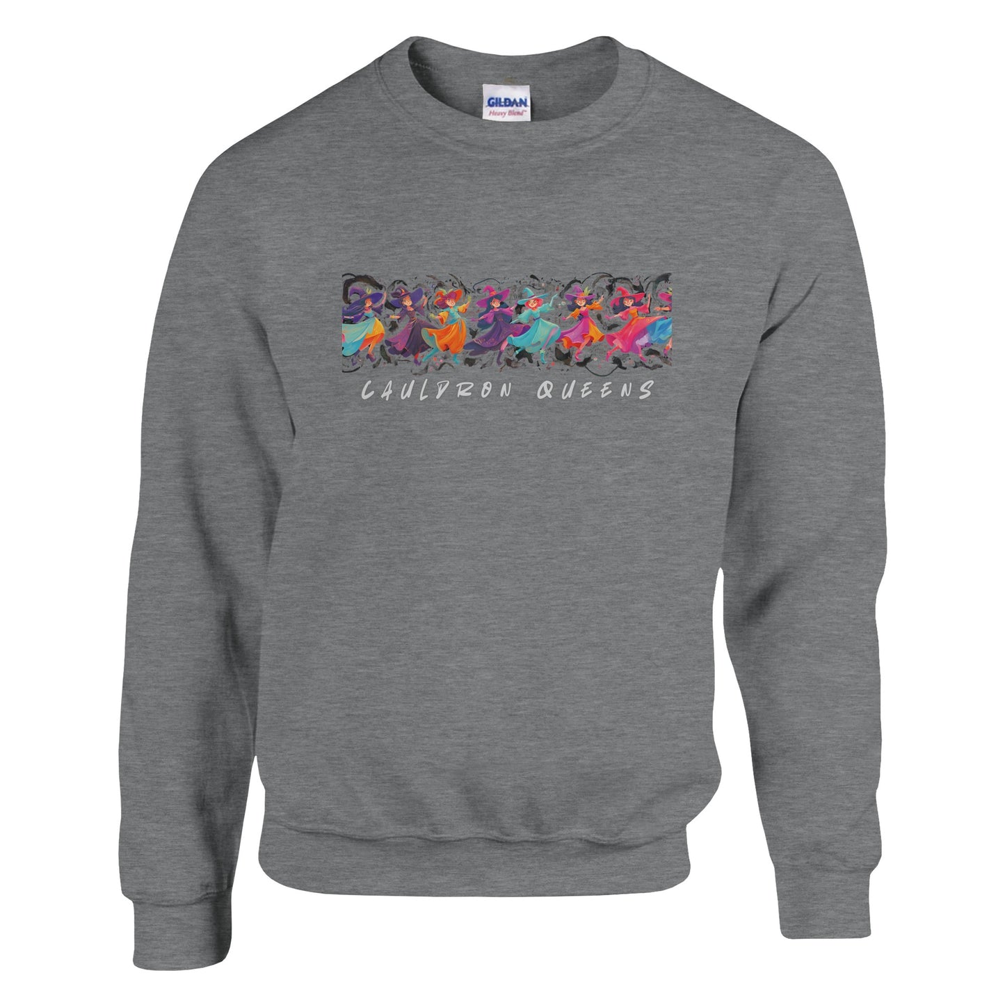 Gray sweatshirt with colorful graphic and 'Cauldron Queens' text on a white background