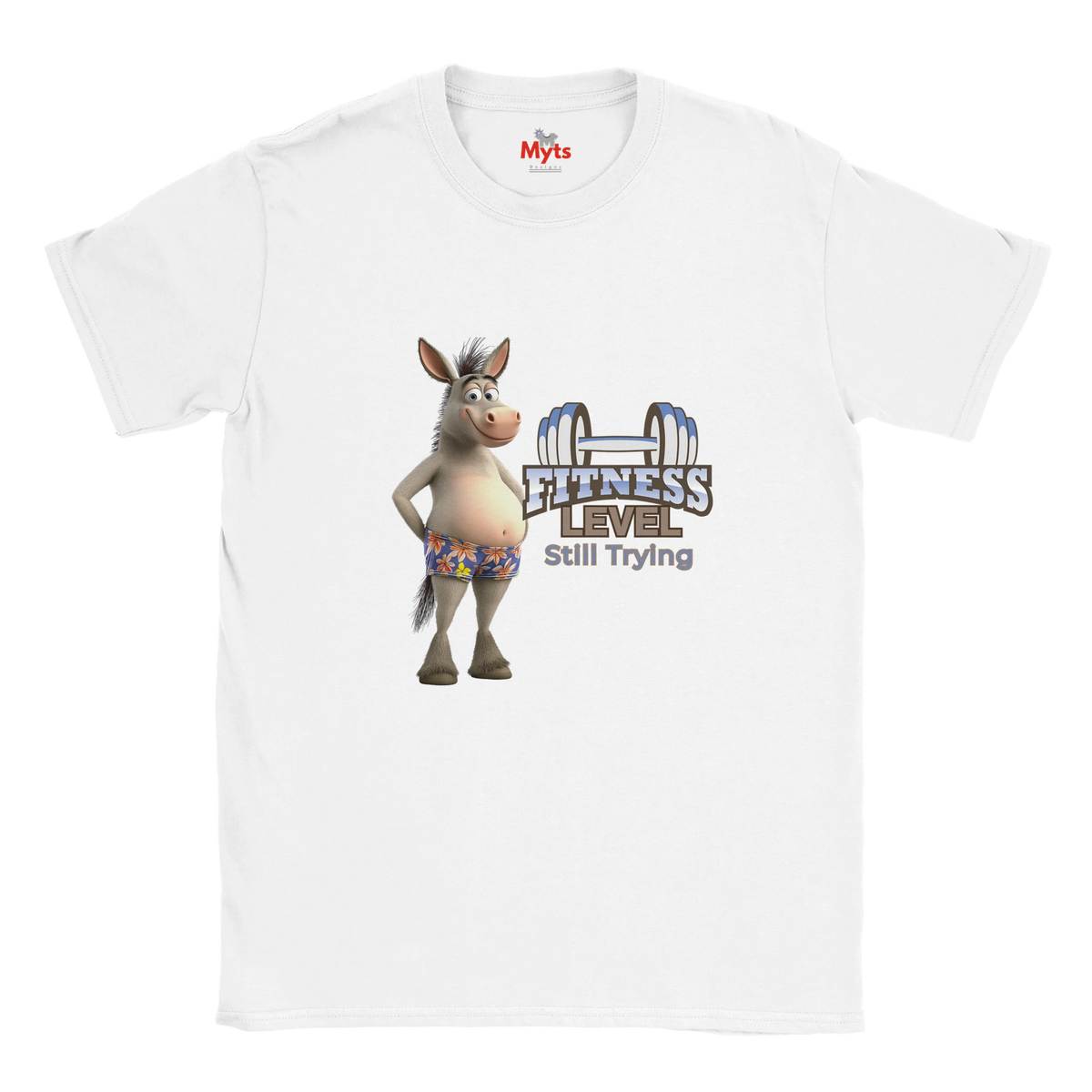 White funny gym graphic T-shirt featuring smiling donkey in floral shorts and Fitness Level Still Trying wording.