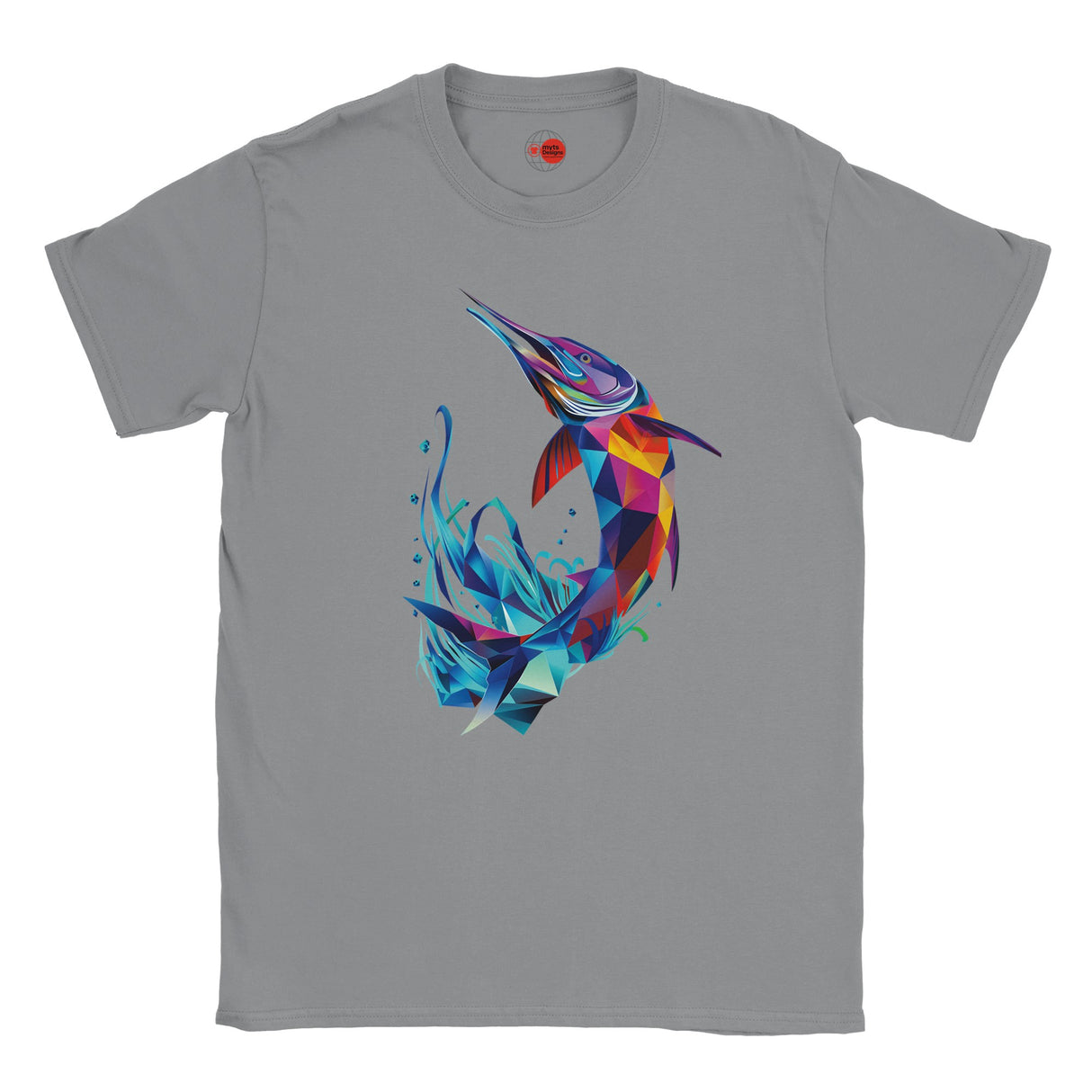 Gray t-shirt with a colorful fish design on a white background