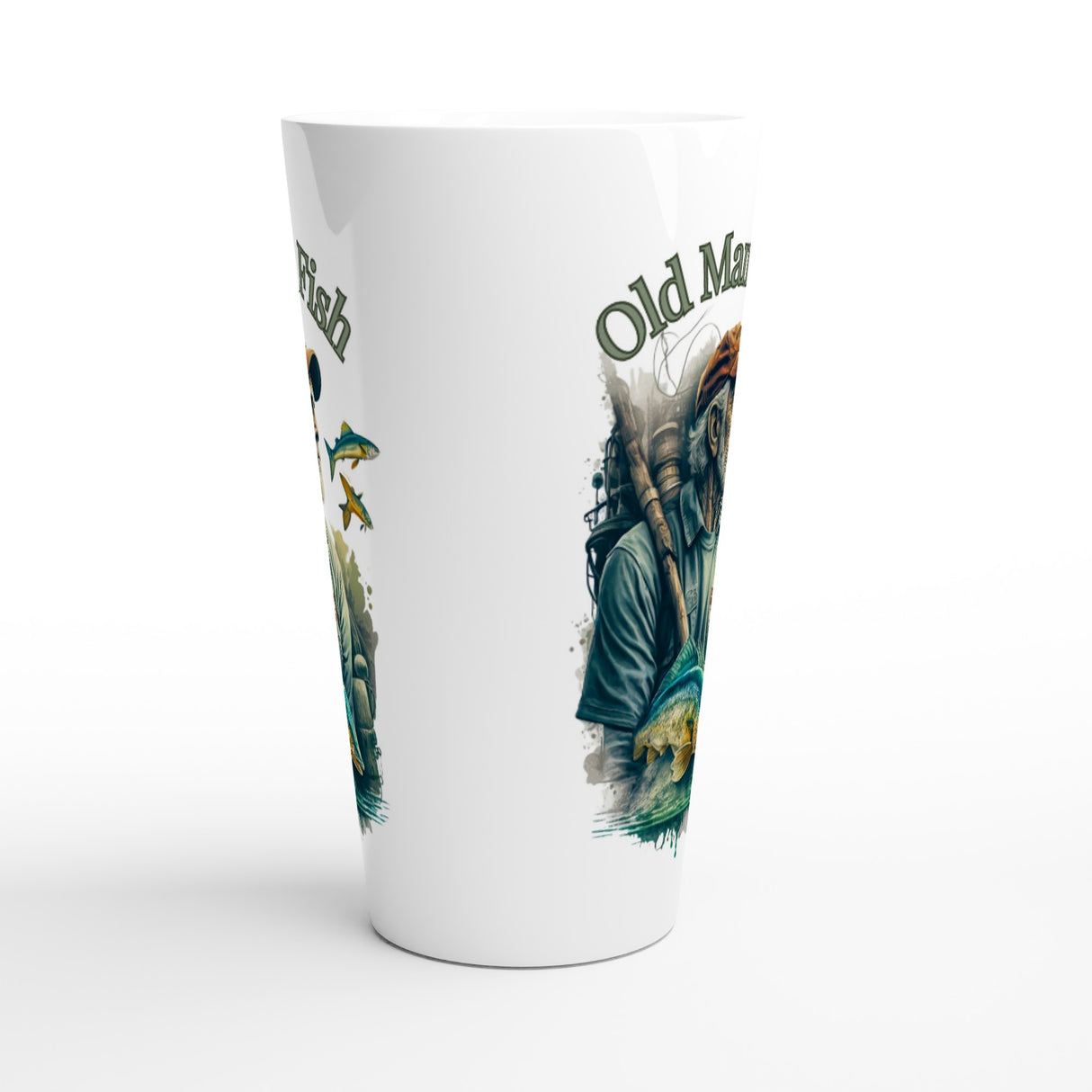 A tall white tapered pint glass featuring a detailed graphic print of an old man fishing, with the text 'Old Man Fish' visible on the side, set against a clean white background.