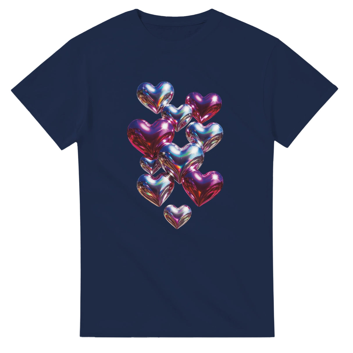 Navy blue t-shirt with colorful heart design on a white background