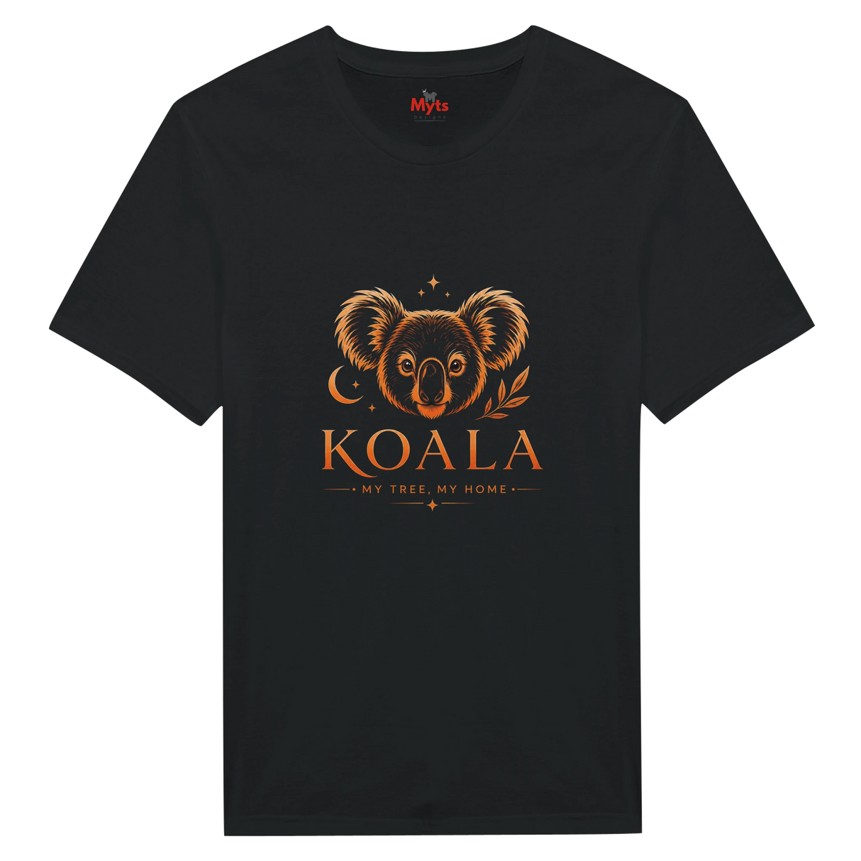 A black short-sleeve crewneck t-shirt featuring a stylized orange koala graphic with the word 'KOALA' and the phrase 'MY TREE, MY HOME' printed on the front.