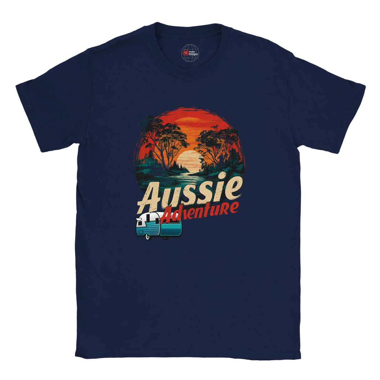 Navy blue t-shirt with 'Aussie Adventure' graphic design on a white background
