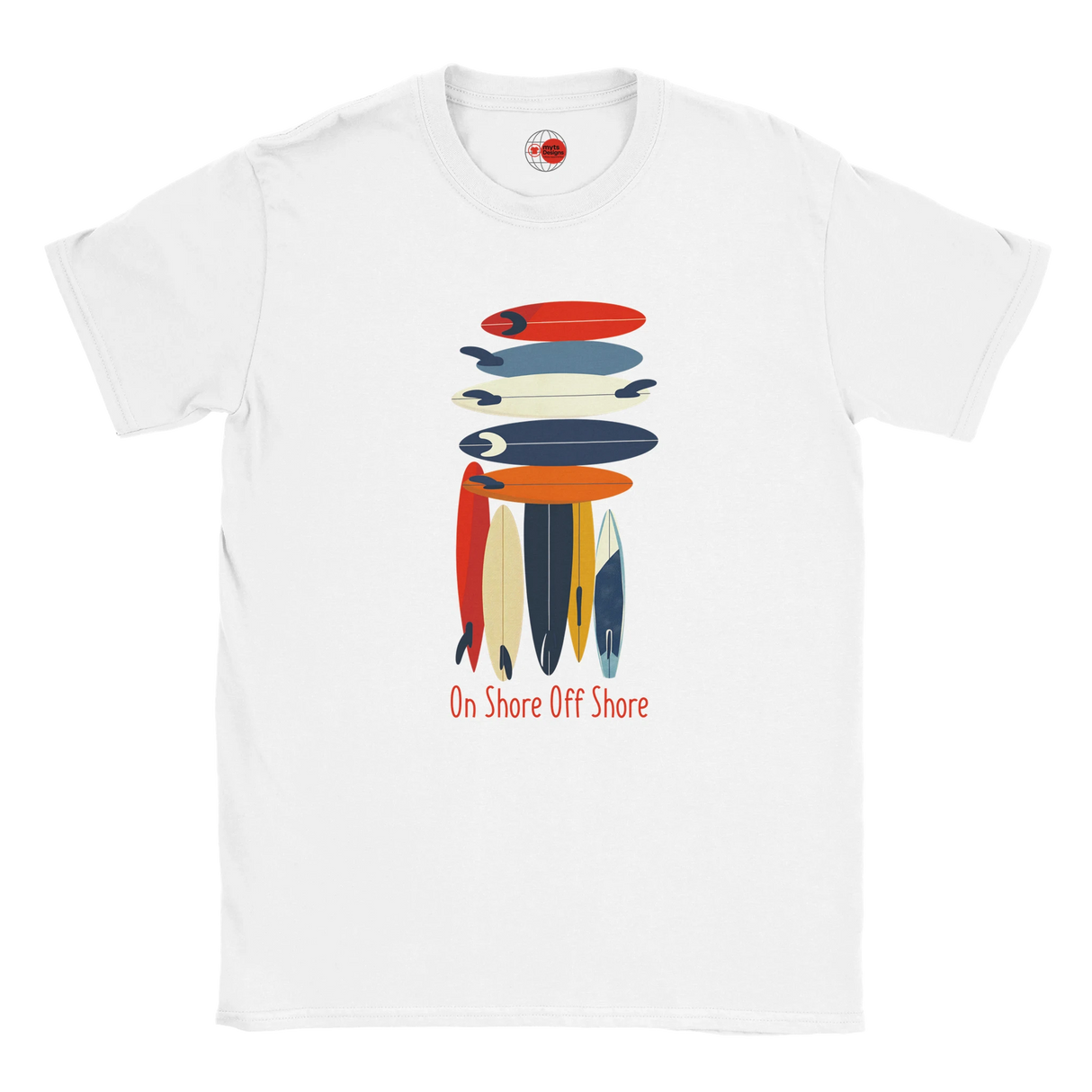 White t-shirt with colorful graphic design and text on a white background