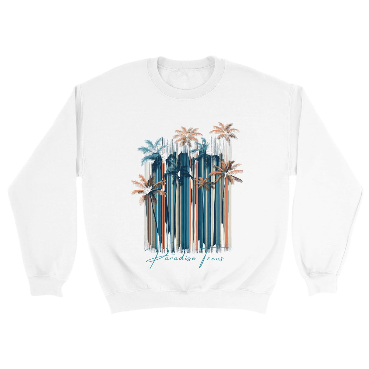 White sweatshirt with palm tree design and 'Paradise Trees' text on a white background
