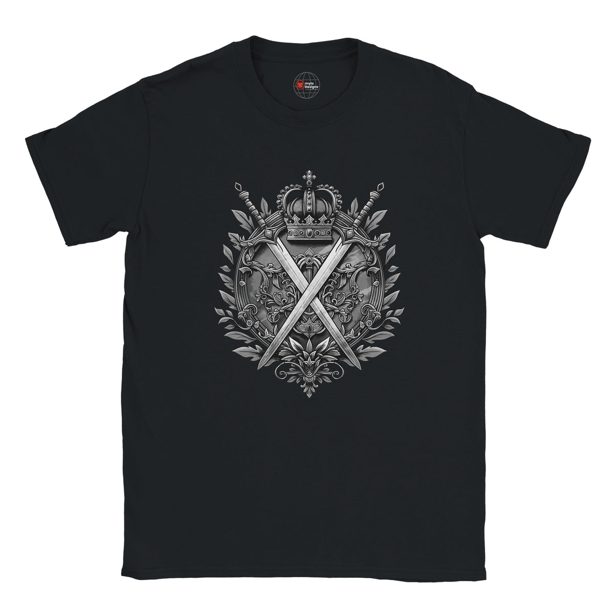 Black t-shirt with a detailed emblem design on a white background