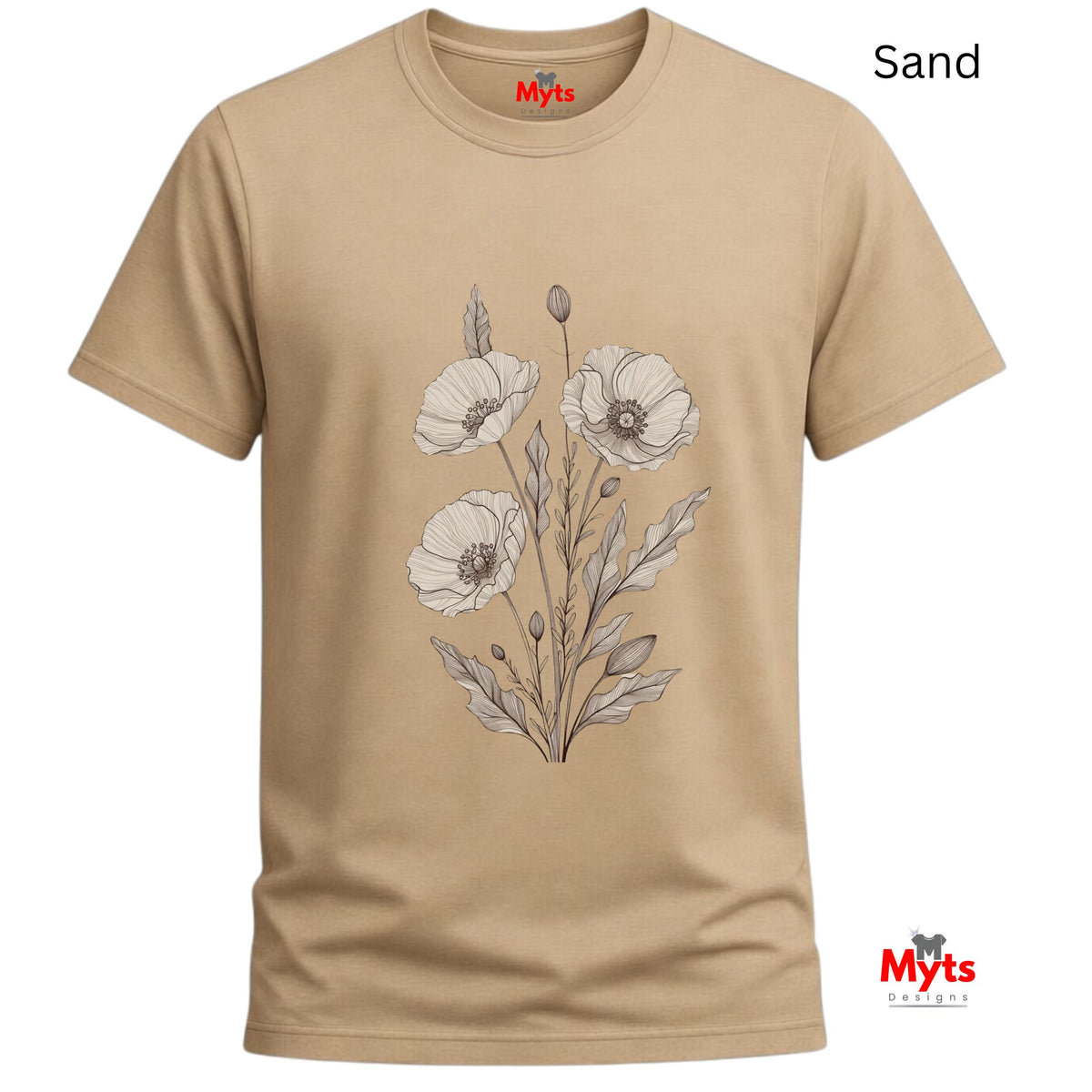 A Sand minimalist poppy flower T-shirt featuring delicate neutral botanical floral line art by MytsDesigns.