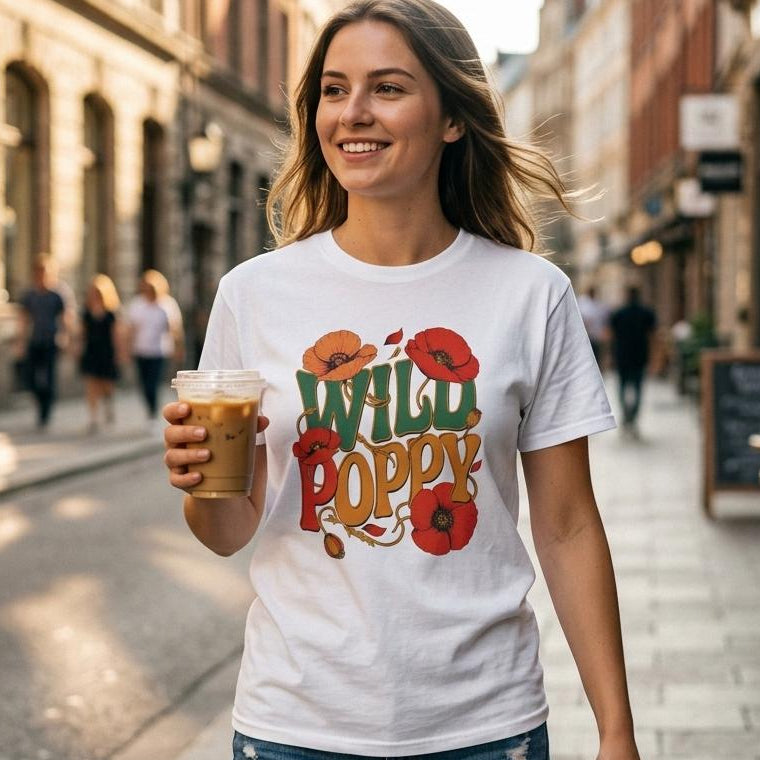 A woman walking down a city street wearing a white graphic t-shirt with 'WILD POPPY' in red and orange poppy designs, holding an iced coffee.