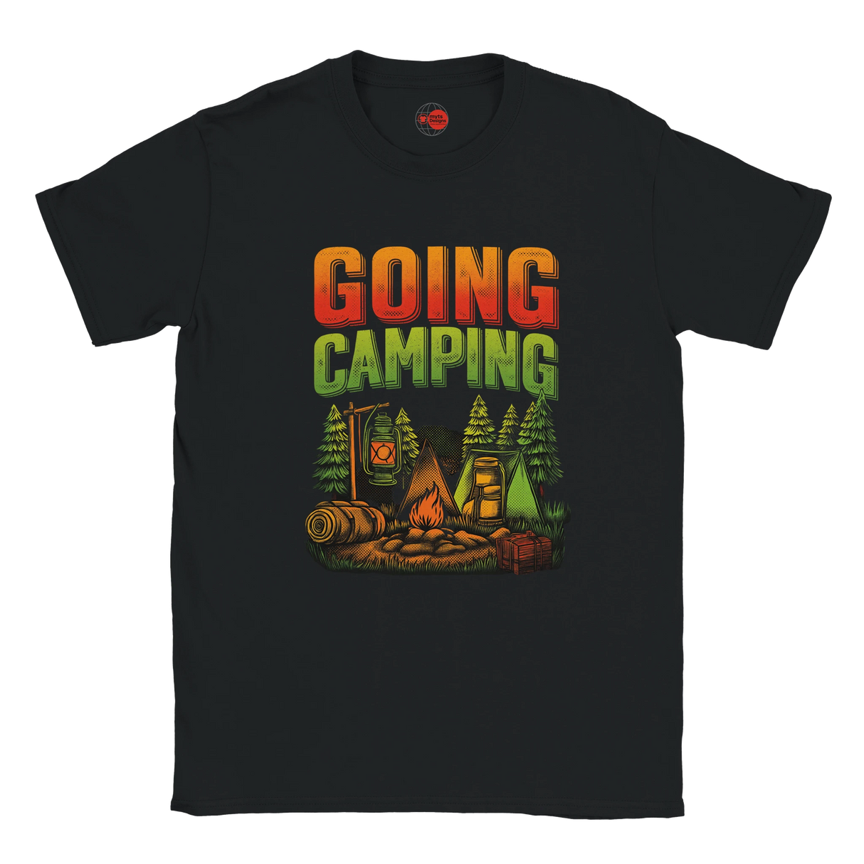 Black t-shirt with 'Going Camping' graphic design on a white background