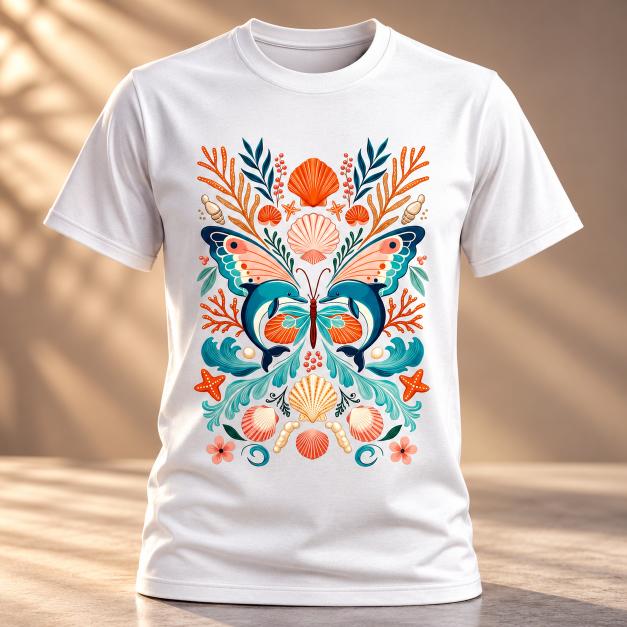 White graphic T-shirt displaying symmetrical dolphin butterfly artwork with orange coral, starfish and seashells.