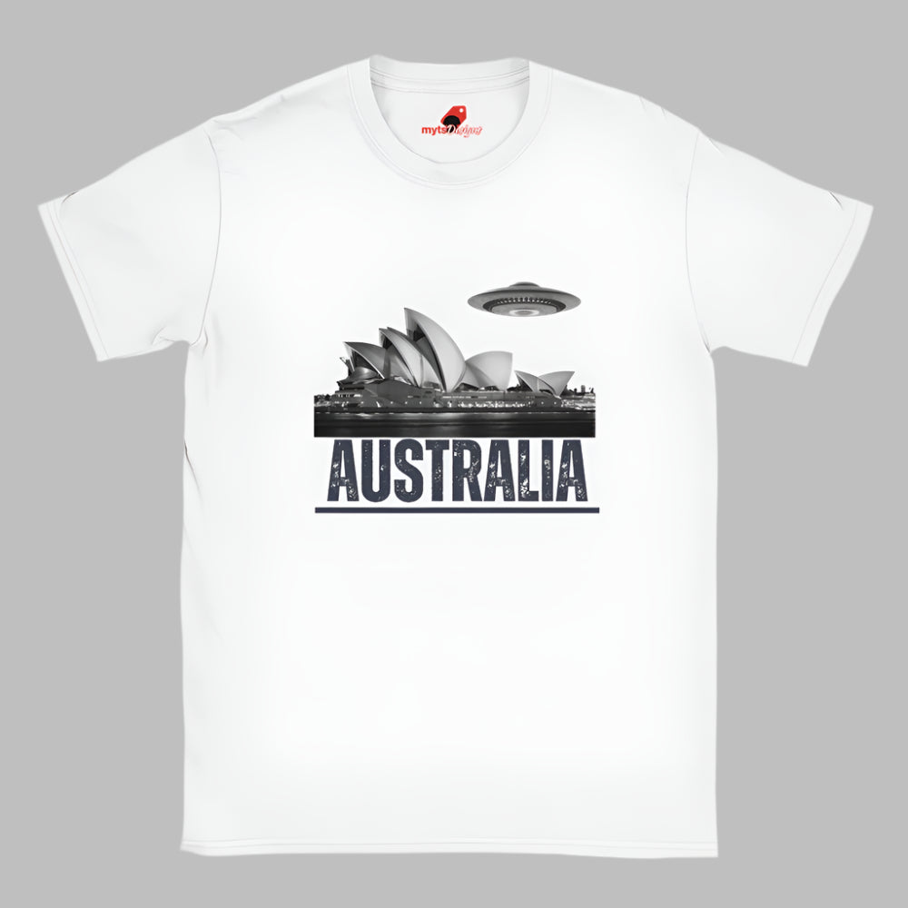 Front view of a white soft casual tee showing the Sydney Opera House sails with a sleek spaceship graphic orbiting overhead, printed on ultra-soft Gildan 64000 cotton.