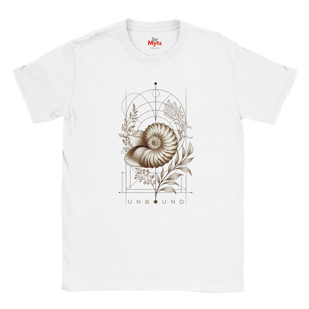 “Front view of a white Unbound Nautilus T-shirt with seashell, botanical and geometric artwork.”