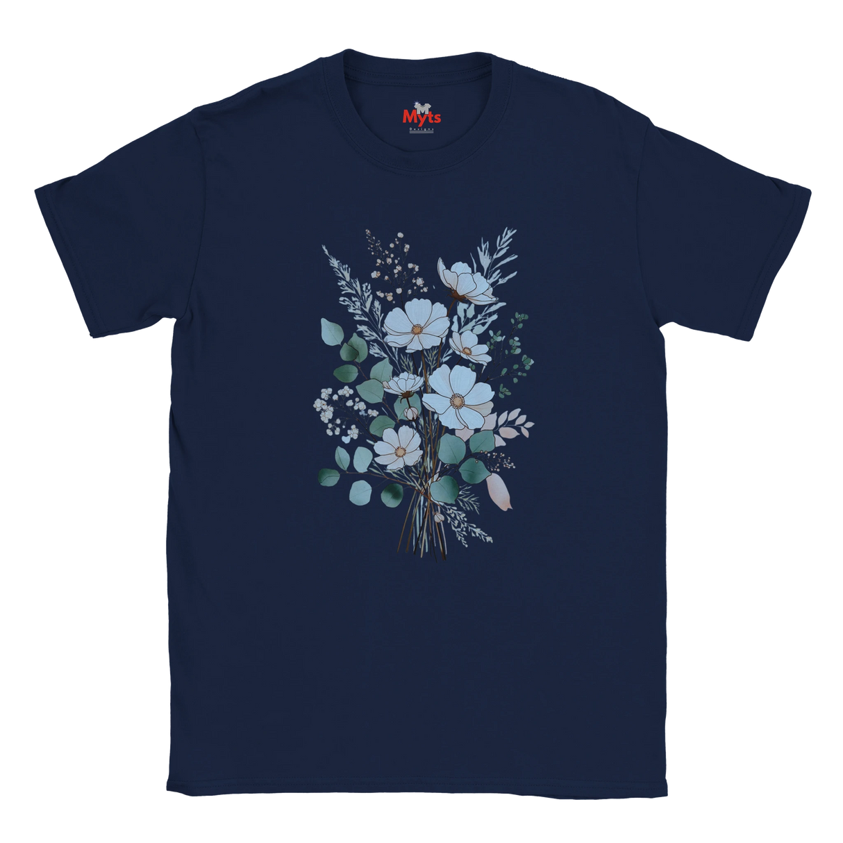 A navy blue short-sleeve crewneck t-shirt featuring a central graphic of a delicate floral bouquet with white and light blue flowers, green leaves, and small pink accents, displayed on a clean white background.